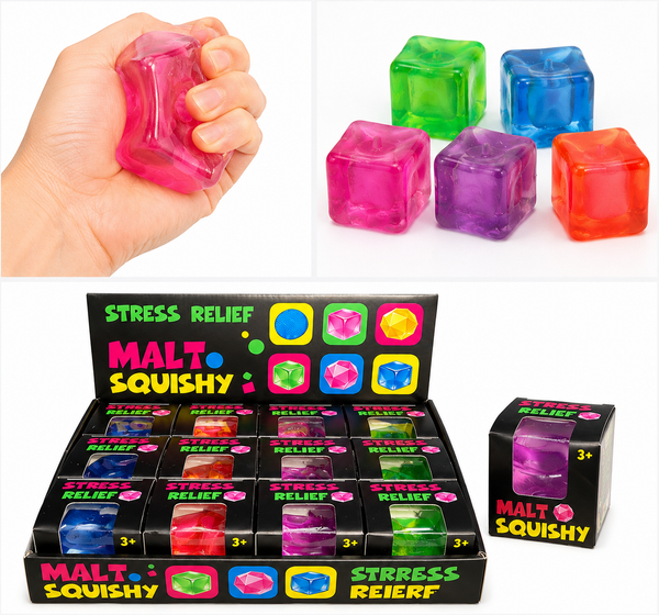 Translucent malt sugar squeeze cube being pressed for tactile sensory relief