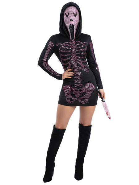 Smiffys Fever Rhinestone Skeleton Costume, Dress with Hood size XS halloween costume UAE