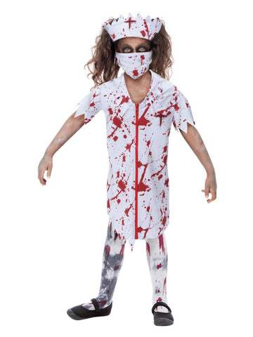 Zombie Nurse Girls Costume by Smiffys in White/Red for Girl 7-9Y