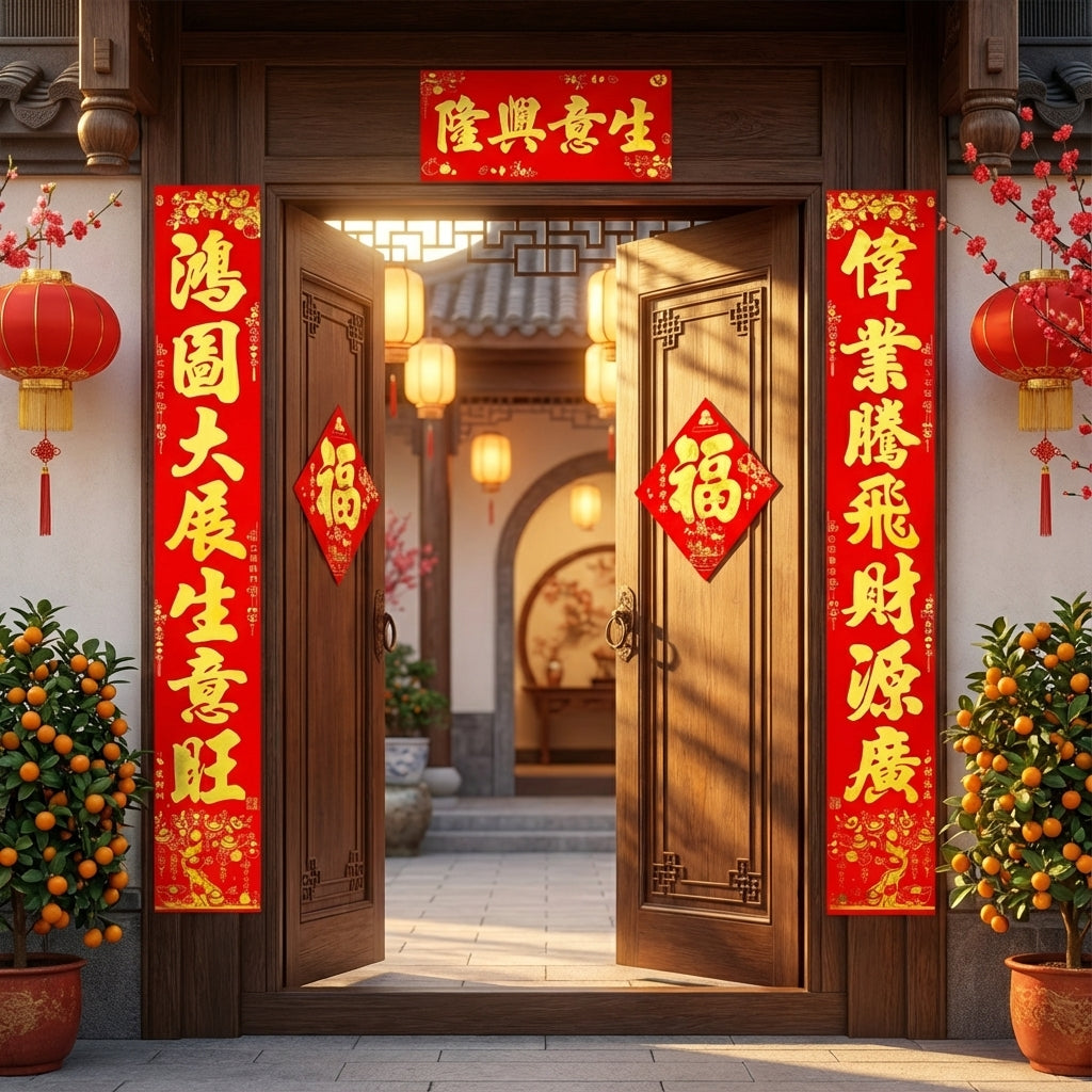 Chinese New Year Couplets Set 34x225cm – Traditional Spring Festival Door Decor with Auspicious Poetry