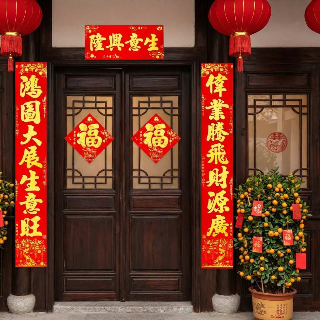 Chinese New Year Couplets Set 34x225cm – Traditional Spring Festival Door Decor with Auspicious Poetry