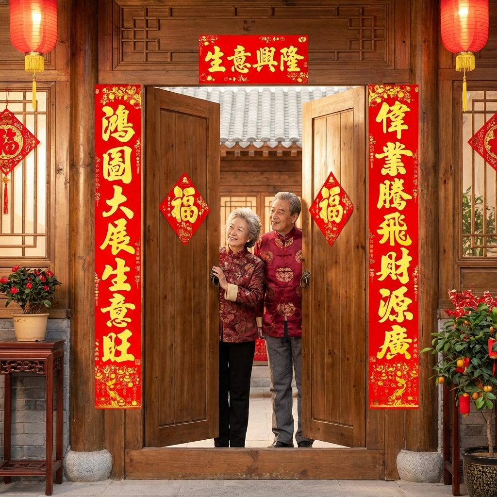 Chinese New Year Couplets Set 34x225cm – Traditional Spring Festival Door Decor with Auspicious Poetry