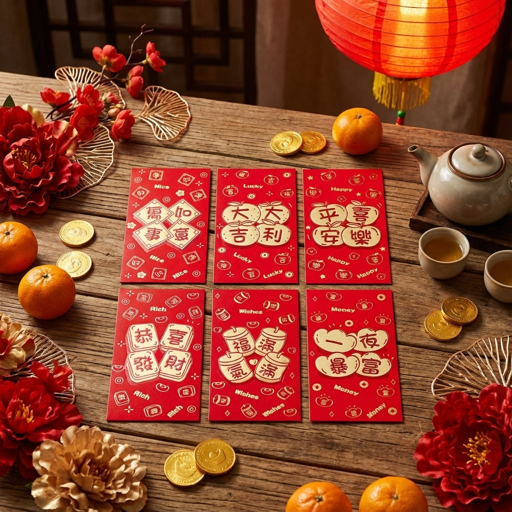 6-Pack Assorted Red Envelopes 17x9cm – Traditional Chinese New Year Hong Bao for Gifting & Luck