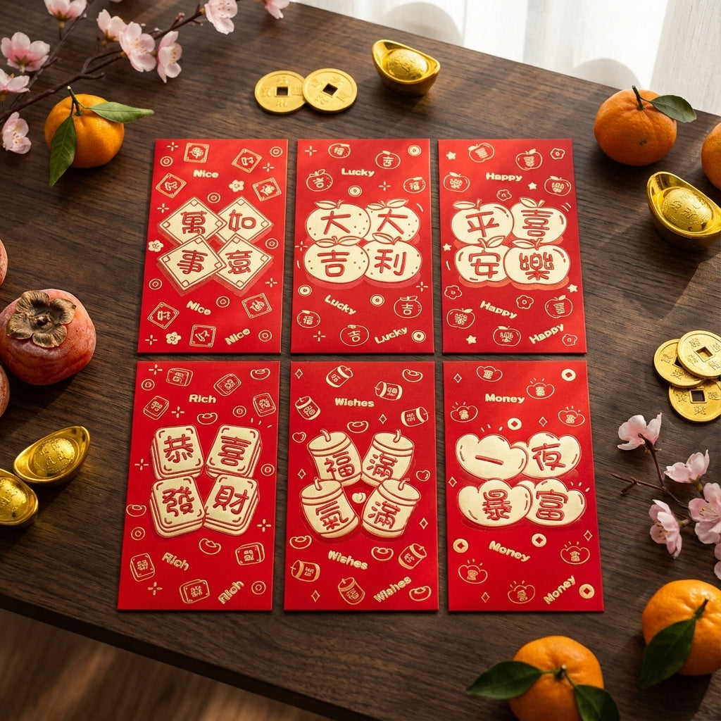 6-Pack Assorted Red Envelopes 17x9cm – Traditional Chinese New Year Hong Bao for Gifting & Luck