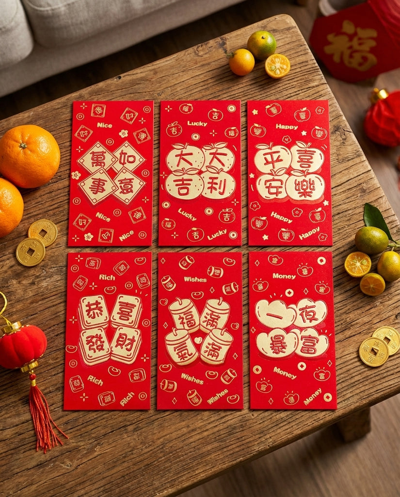 6-Pack Assorted Red Envelopes 17x9cm – Traditional Chinese New Year Hong Bao for Gifting & Luck