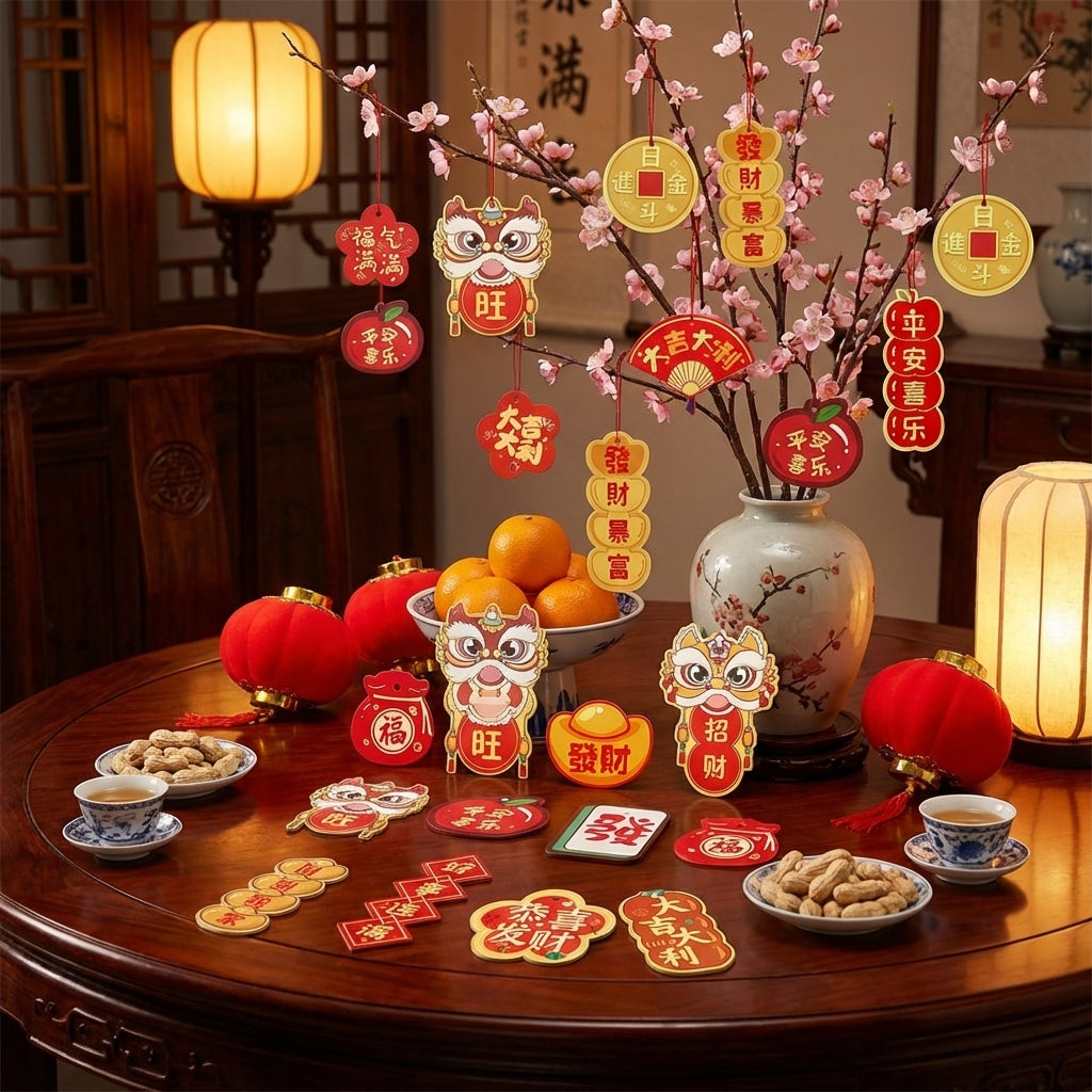 18-Piece Potted Plant Hanging Ornaments – Mini Red & Gold CNY Decor for Tree & Window