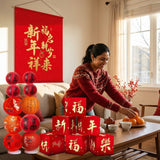 15-Piece 'Happy New Year' CNY Decor Set – Red & Gold Banners, Ornaments & Accents for Festive Home