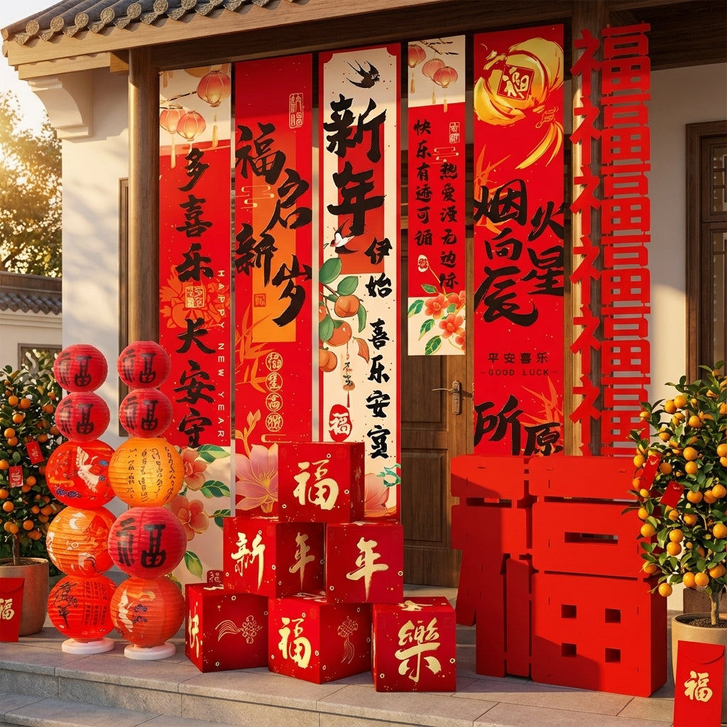 15-Piece 'Happy New Year' CNY Decor Set – Red & Gold Banners, Ornaments & Accents for Festive Home