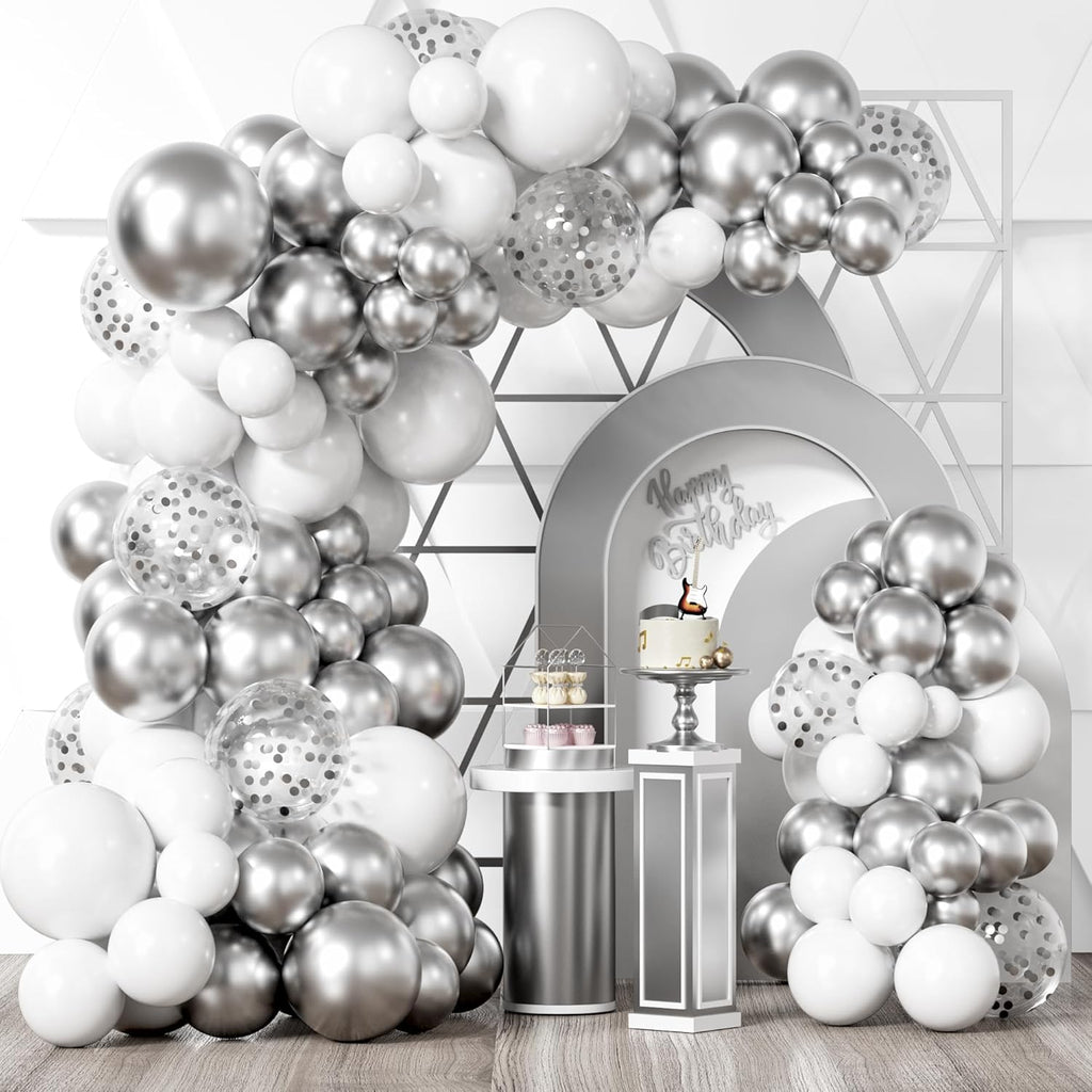 Balloon Garland Arch Kit – 64pcs/Pack Rose Silver, White & Confetti Balloons