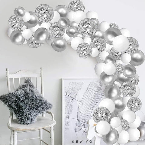 Balloon Garland Arch Kit – 64pcs/Pack Rose Silver, White & Confetti Balloons