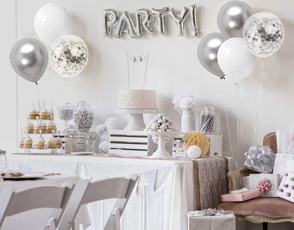 Balloon Garland Arch Kit – 64pcs/Pack Rose Silver, White & Confetti Balloons