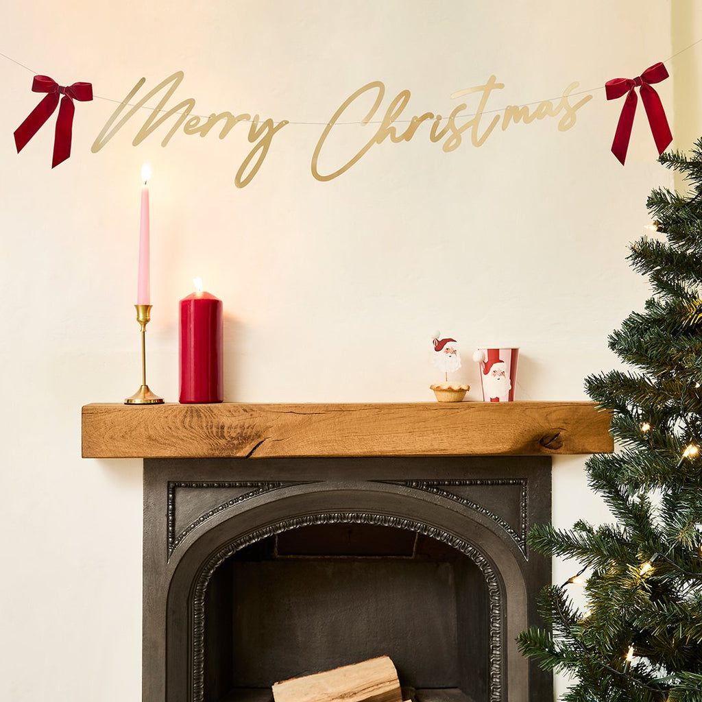 Gold ' Merry Christmas' Card Banner with x2 Red Velvet Bows 2m