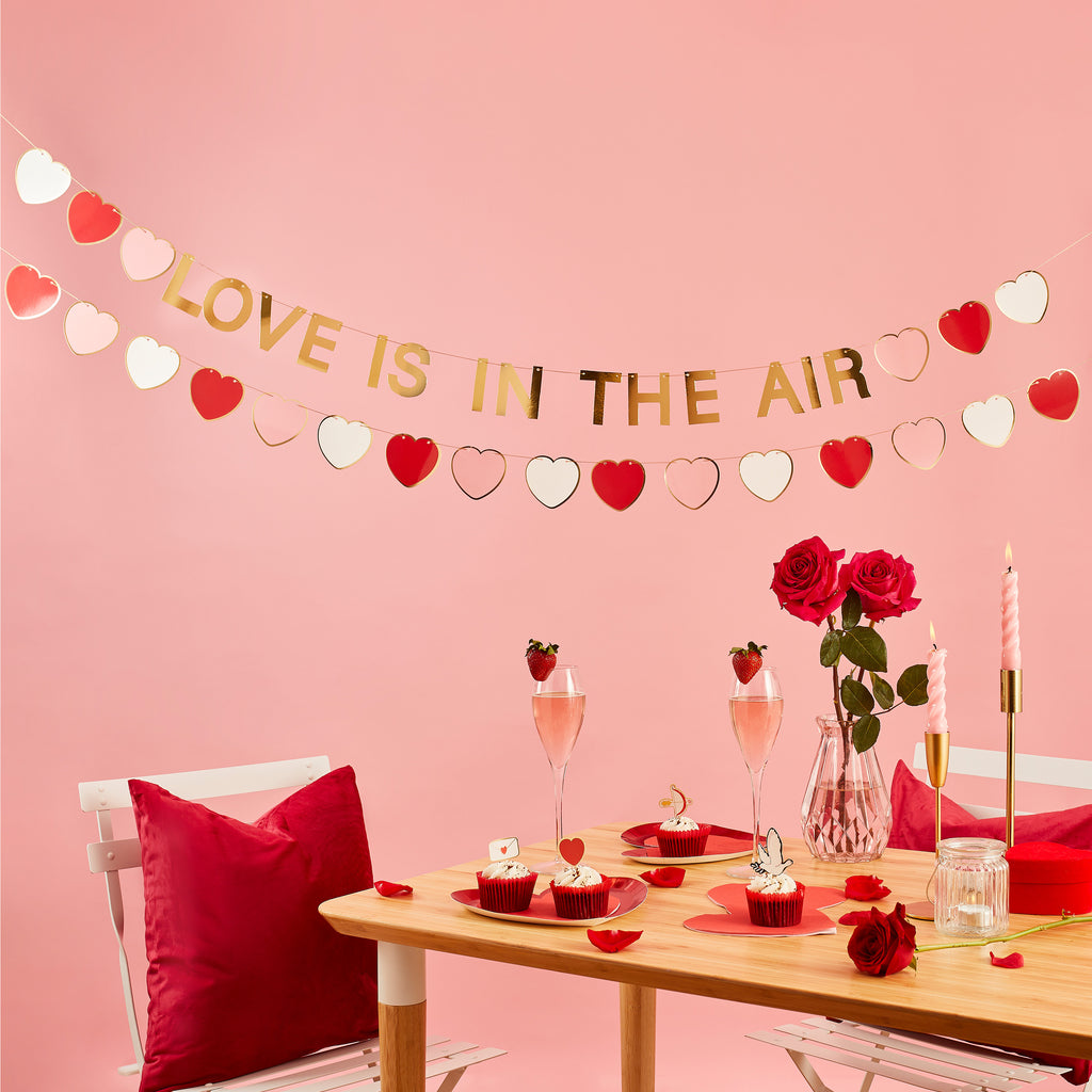2m Gold 'Love is in the Air' Banner – Romantic Metallic Valentine’s Day Wall Decor for Parties & Home