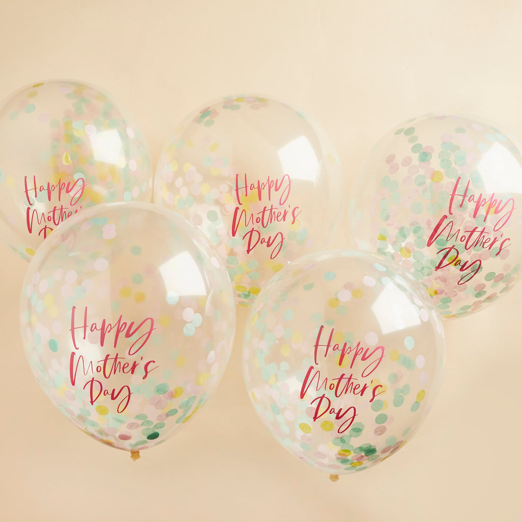 5-Pack Confetti-Filled Mother’s Day Latex Balloons – Glitter Floral Balloons for Brunch Decor
