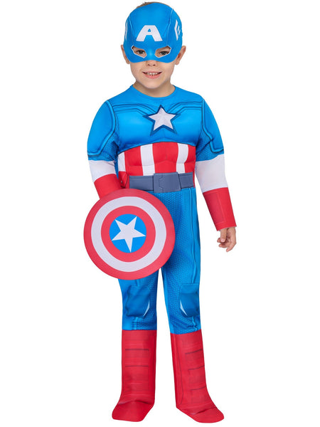 Rubies Captain America Deluxe Toddler includes: padded jumpsuit with boot tops, mask and shield size XS kids halloween costume UAE