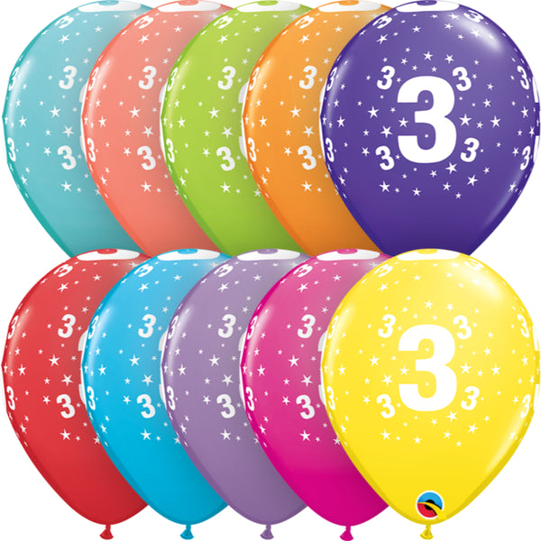  Age 3 11in Tropical Assortment Latex Balloons 6 pieces
