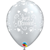  Just Married Hearts 11in Silver Latex Balloons 6 pieces