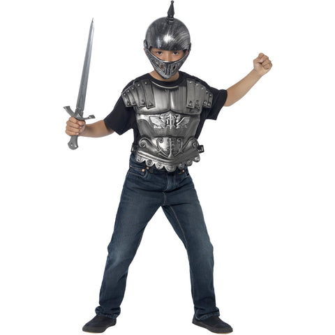  Medieval Helmet Silver, With Sword And Body Armour Piece