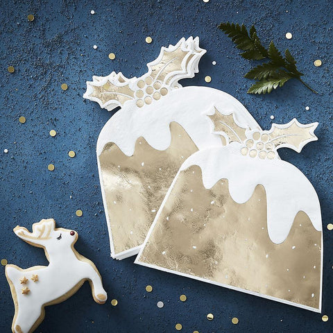  Gold Foiled Christmas Pudding Paper Napkins 12ct