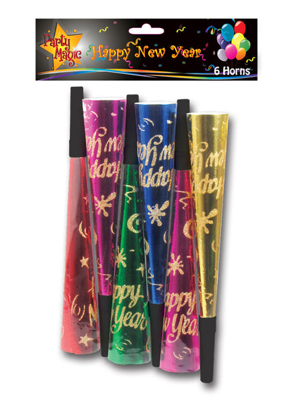 10in New Year Foil Horns Assorted Colors 6pc