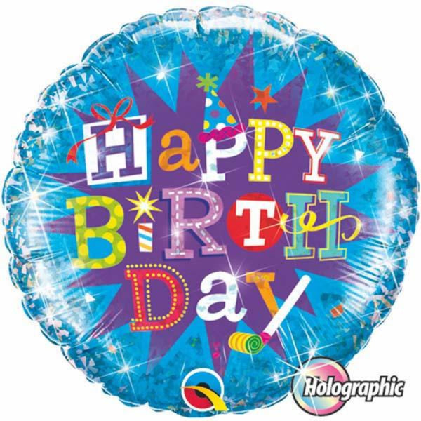 Holographic Birthday Typography Blue Foil Balloon