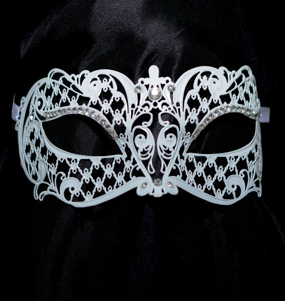 White Metal Mask With Diamonds And Ribbon