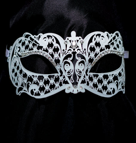 White Metal Mask With Diamonds And Ribbon