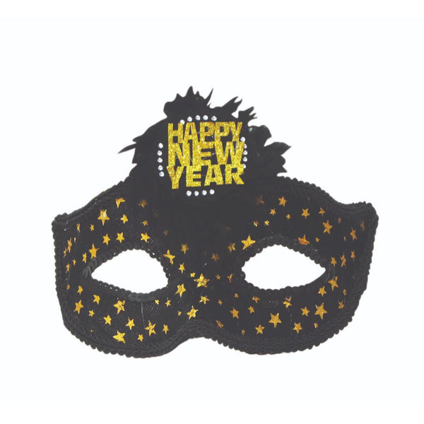 Black & Gold Happy New Year Eye Mask With Feathers