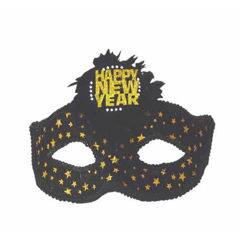 Black & Gold Happy New Year Eye Mask With Feathers