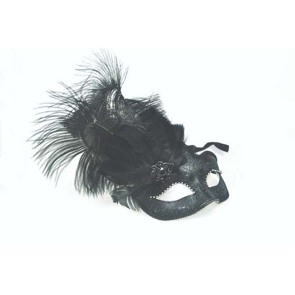 Mask With Feathers & Crystal Black