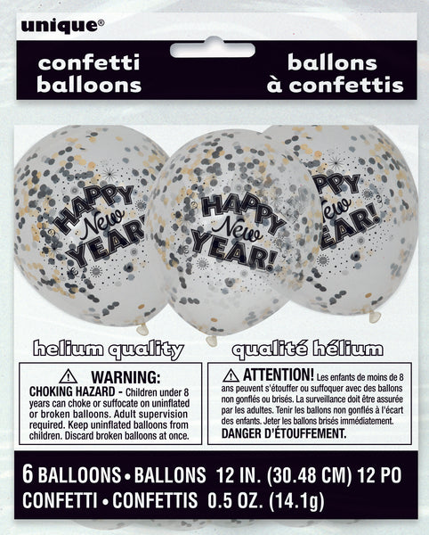  Clear Balloon Happy New Year With Silver Black & Gold Confetti