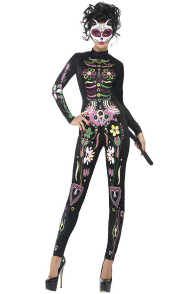 Sugar Skull Cat Women Costume With Printed Bodysuit