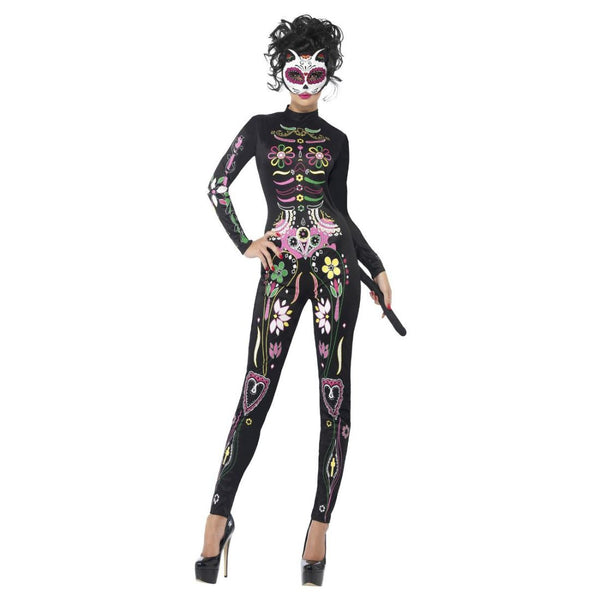 Sugar Skull Cat Female Costume With Printed Bodysuit