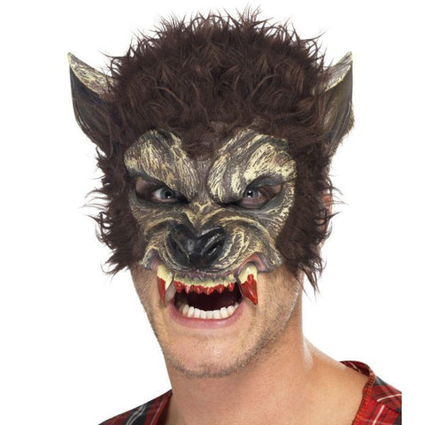 Werewolf Half Face M Mask Brown With Fur & Teeth