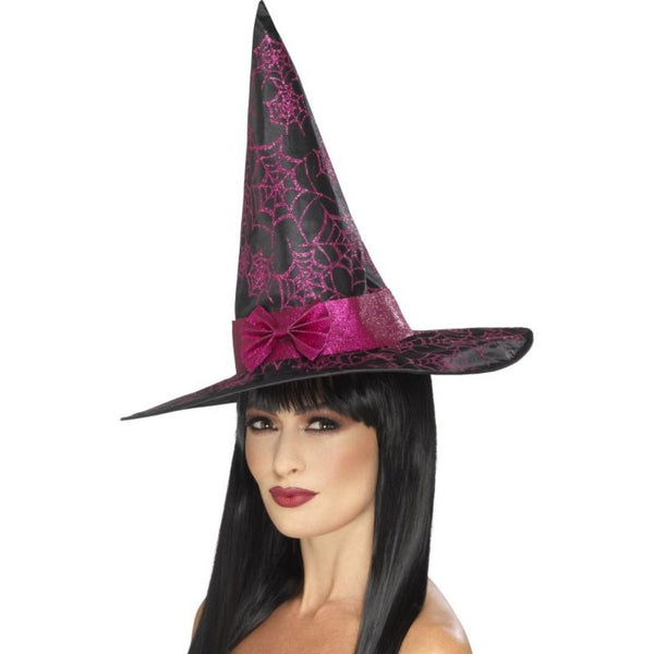 Glitter Cobweb Witch Hat Black & Pink Female