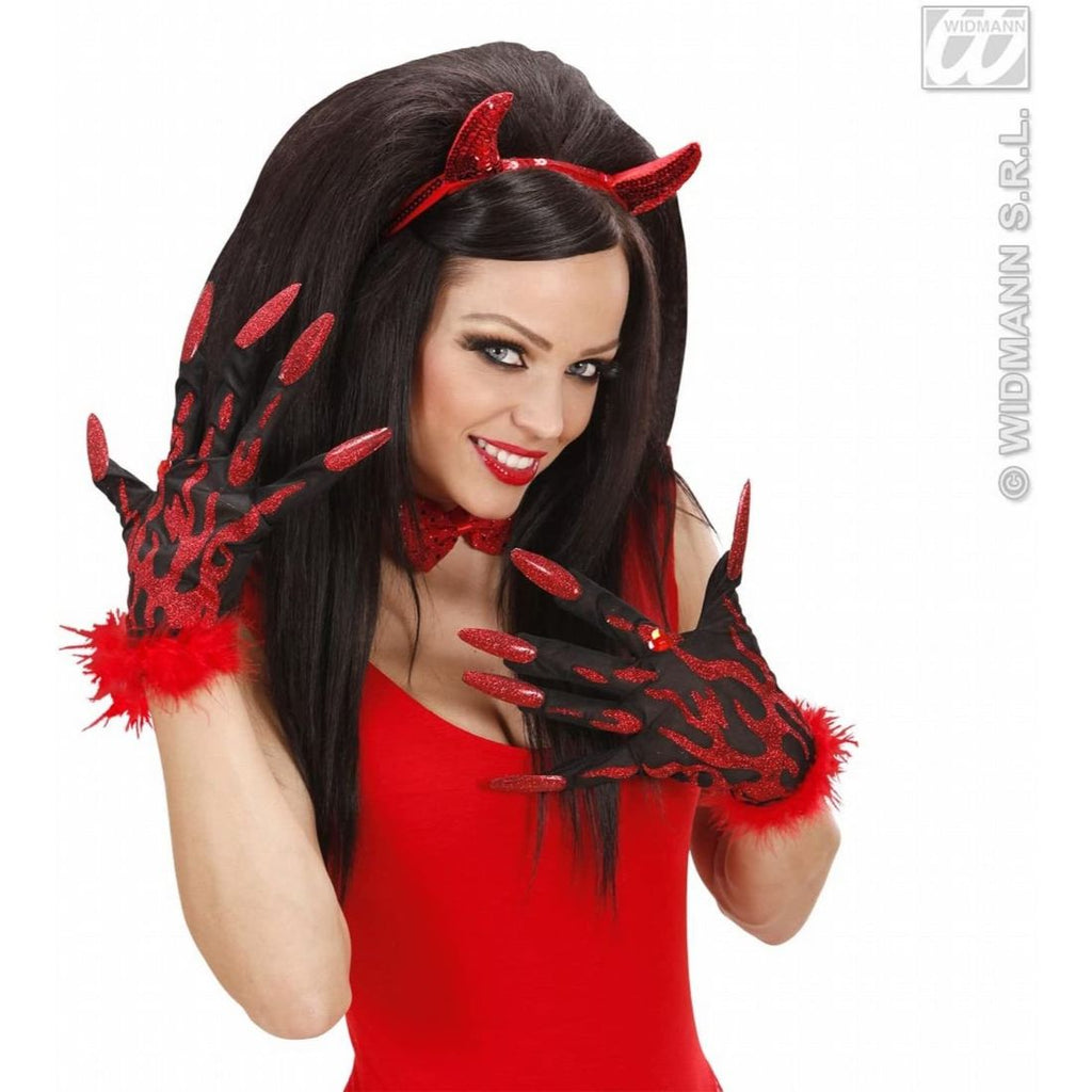 Devil Gloves With Red Glitter Nails Flames Gem & Bells