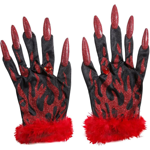 Devil Gloves With Red Glitter Nails Flames Gem & Bells