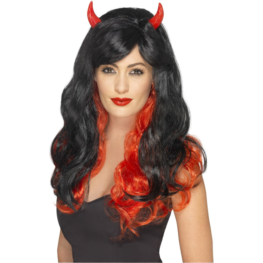 Devil Female Wig Red & Black, With Horns