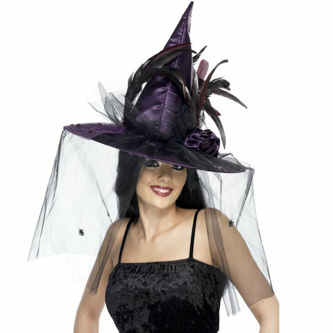 Witch Hat Purple With Feathers & Netting Deluxe