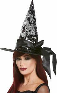 Deluxe Reversible Sequin Witch Hat Black & Silver With Sati