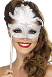 Baroque Fantasy Eyemask Silver 
with Feathers & Handle