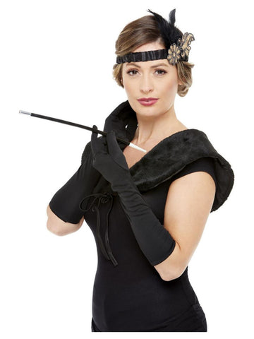 Deluxe 20s Accessories Kit: Gloves, Cigarette Holder, Headband & Stole- Black & Gold