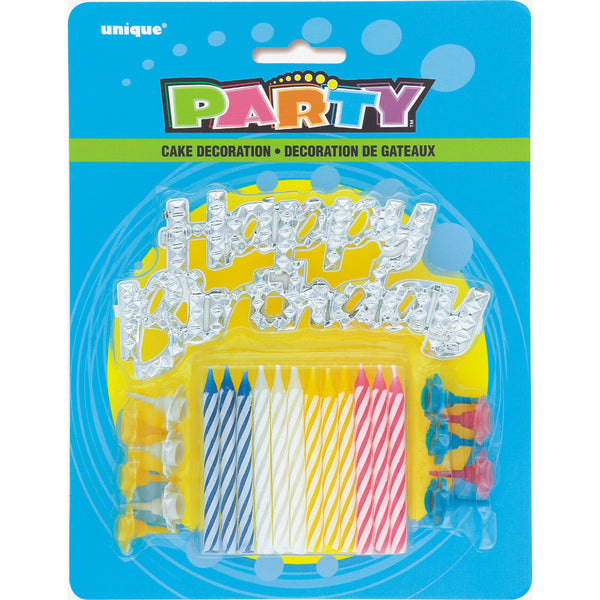 Happy Birthday Silver Cake Topper W 12 Candles & Holders