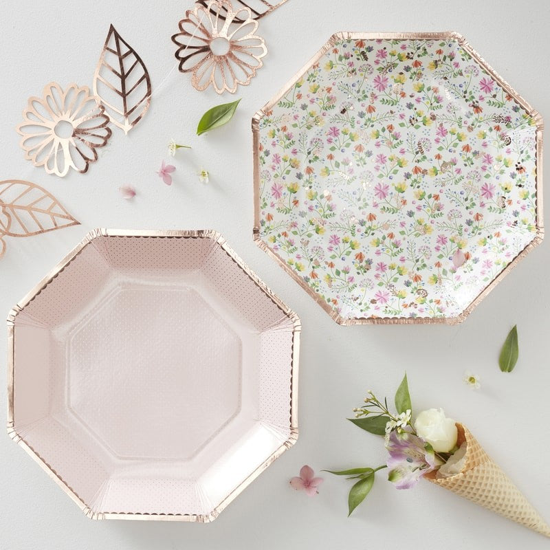 Rose Gold Foiled Ditsy Floral Paper Plates 