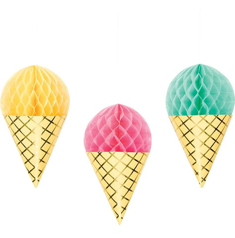 Ice Cream Party Decor Hanging Honeycomb Cones Foil 3pcs
