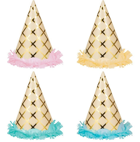 Ice Cream Party Decor Party Hats Foil w/ Fringe 8pcs