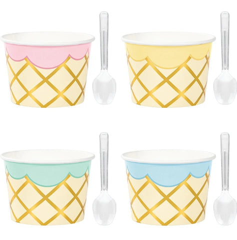 Ice Cream Party Decor Treat cups Foil w/ clear plastic mini spoon 8pcs