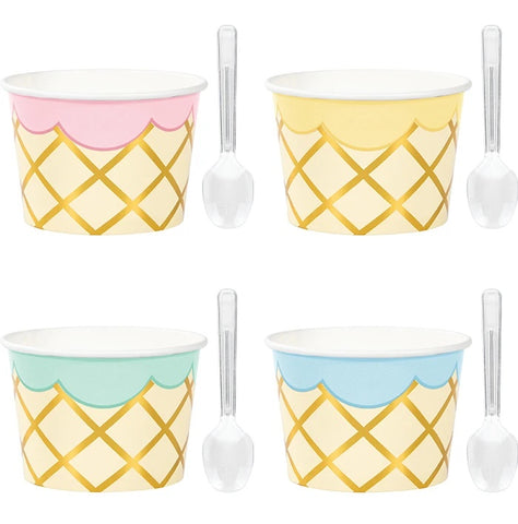 Ice Cream Party Decor Treat cups Foil w/ clear plastic mini spoon 8pcs