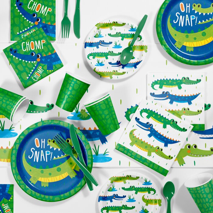 Alligator Party Hanging Décor w/ Cutouts & Paper Fans 36in x 8in 3pcs