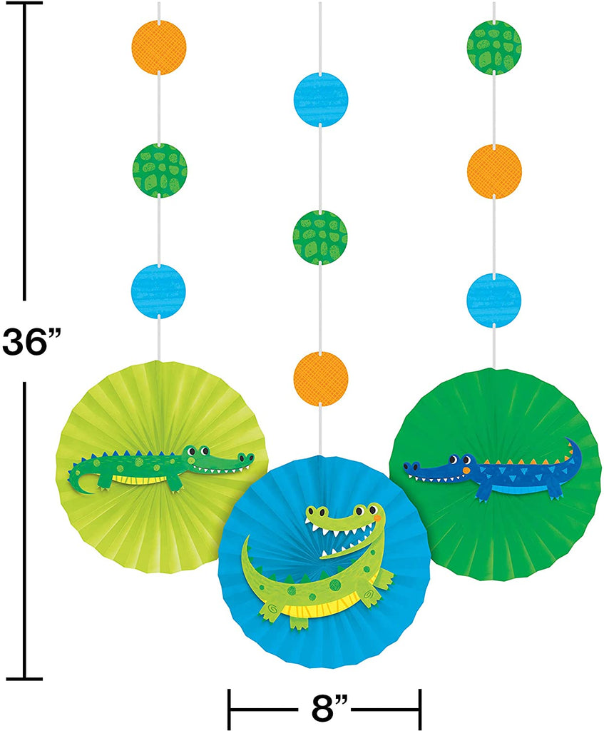 Alligator Party Hanging Décor w/ Cutouts & Paper Fans 36in x 8in 3pcs